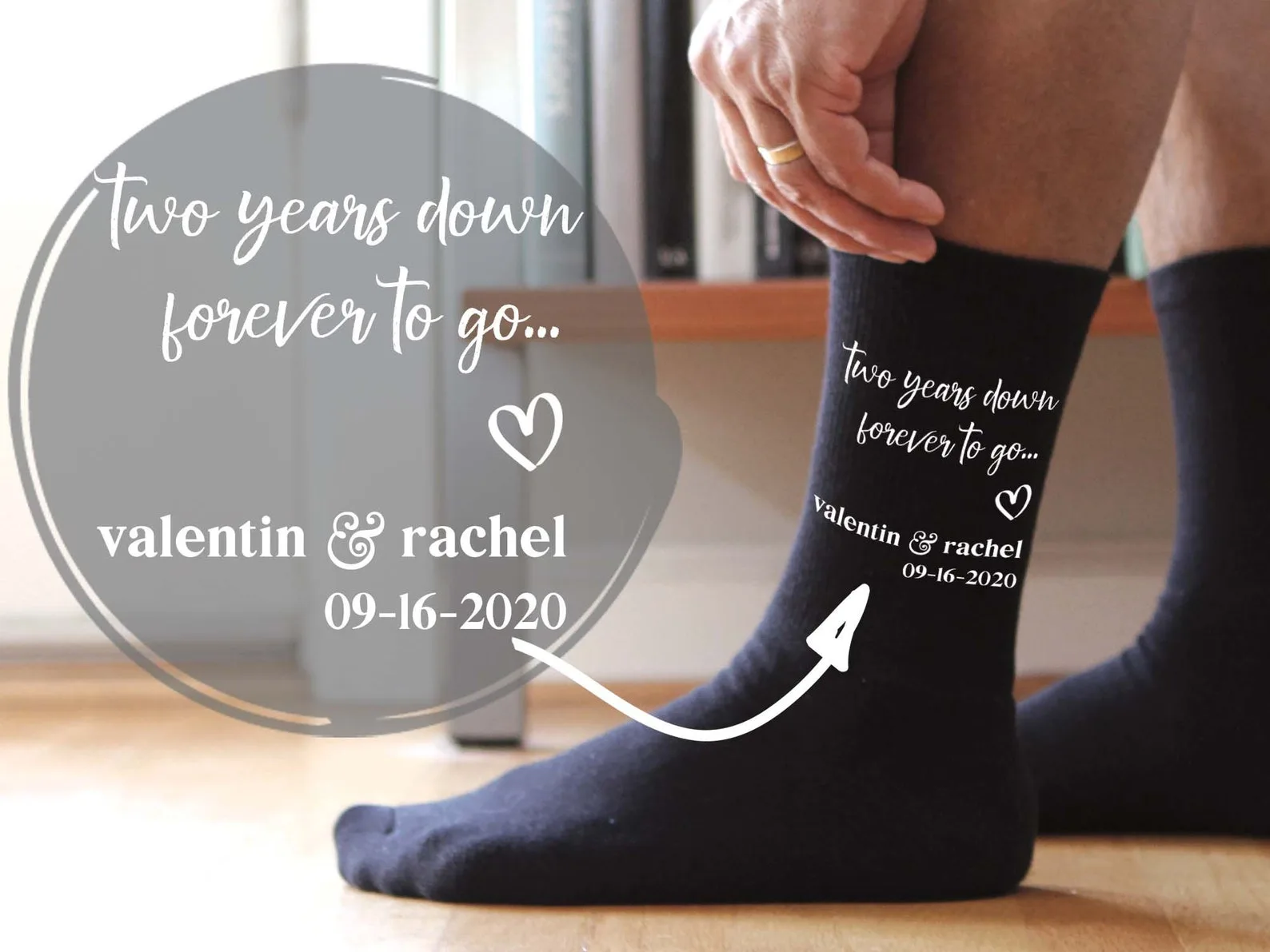 Exact Etsy listing image of Personalized Cotton Anniversary Socks