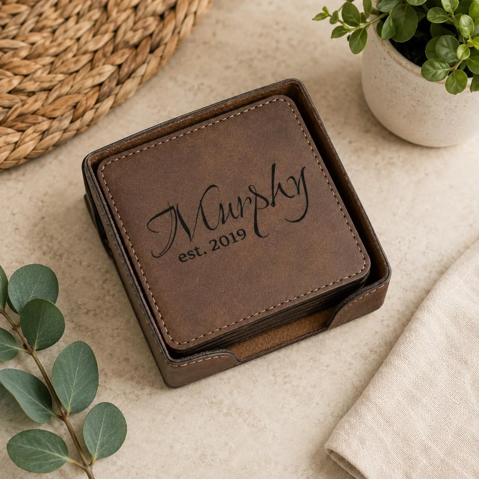 Exact Etsy listing image of Personalized Leather Coaster Set with Holder