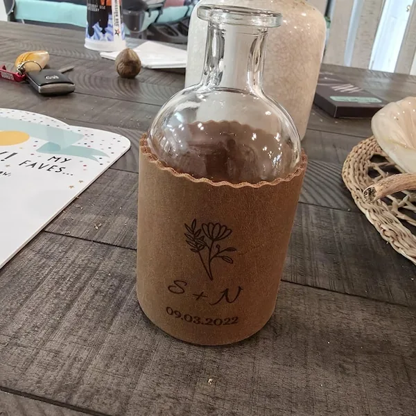 Exact Etsy listing image of Personalized Leather-Wrapped Glass Bud Vase