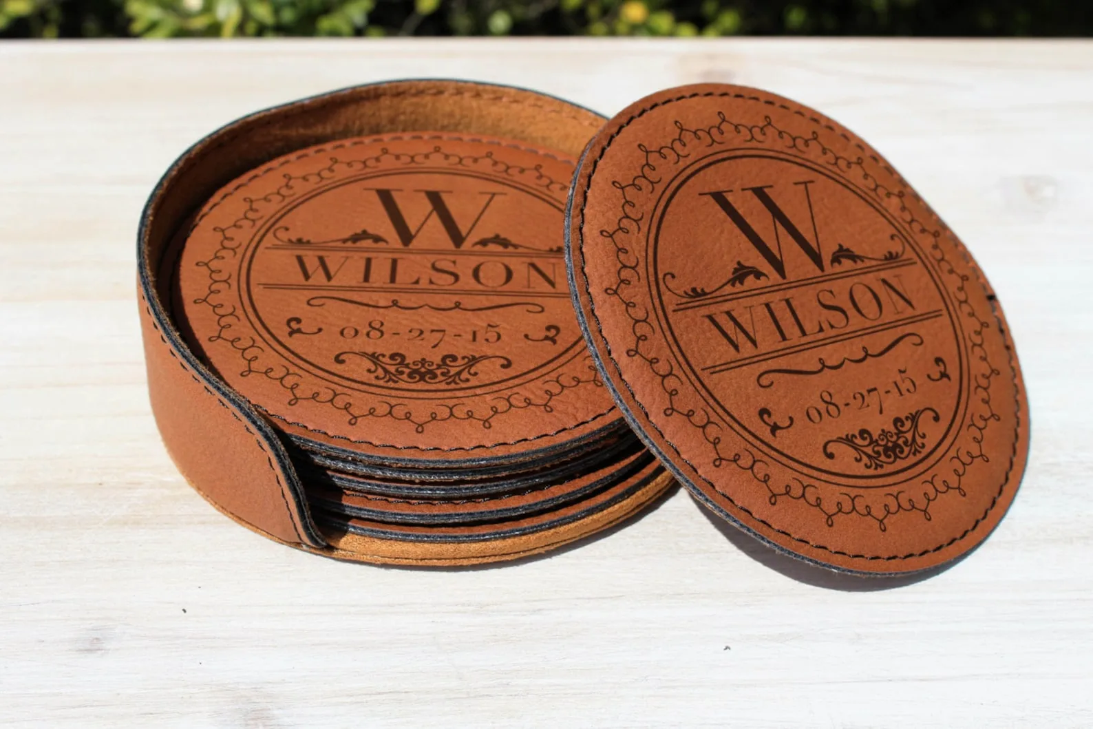 Exact Etsy listing image of Personalized Round Leather Coasters