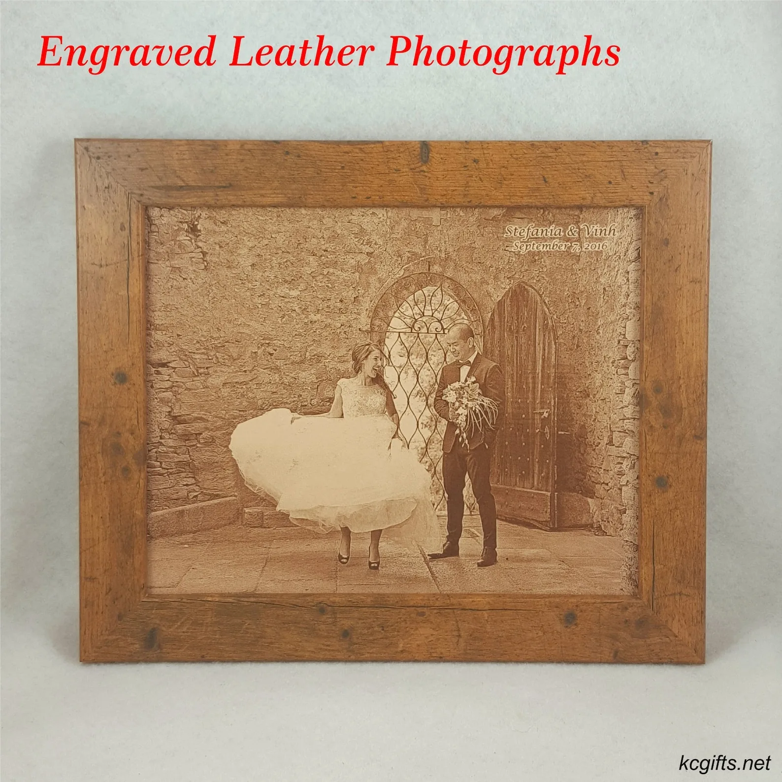 Exact Etsy listing image of Engraved Leather Anniversary Photo