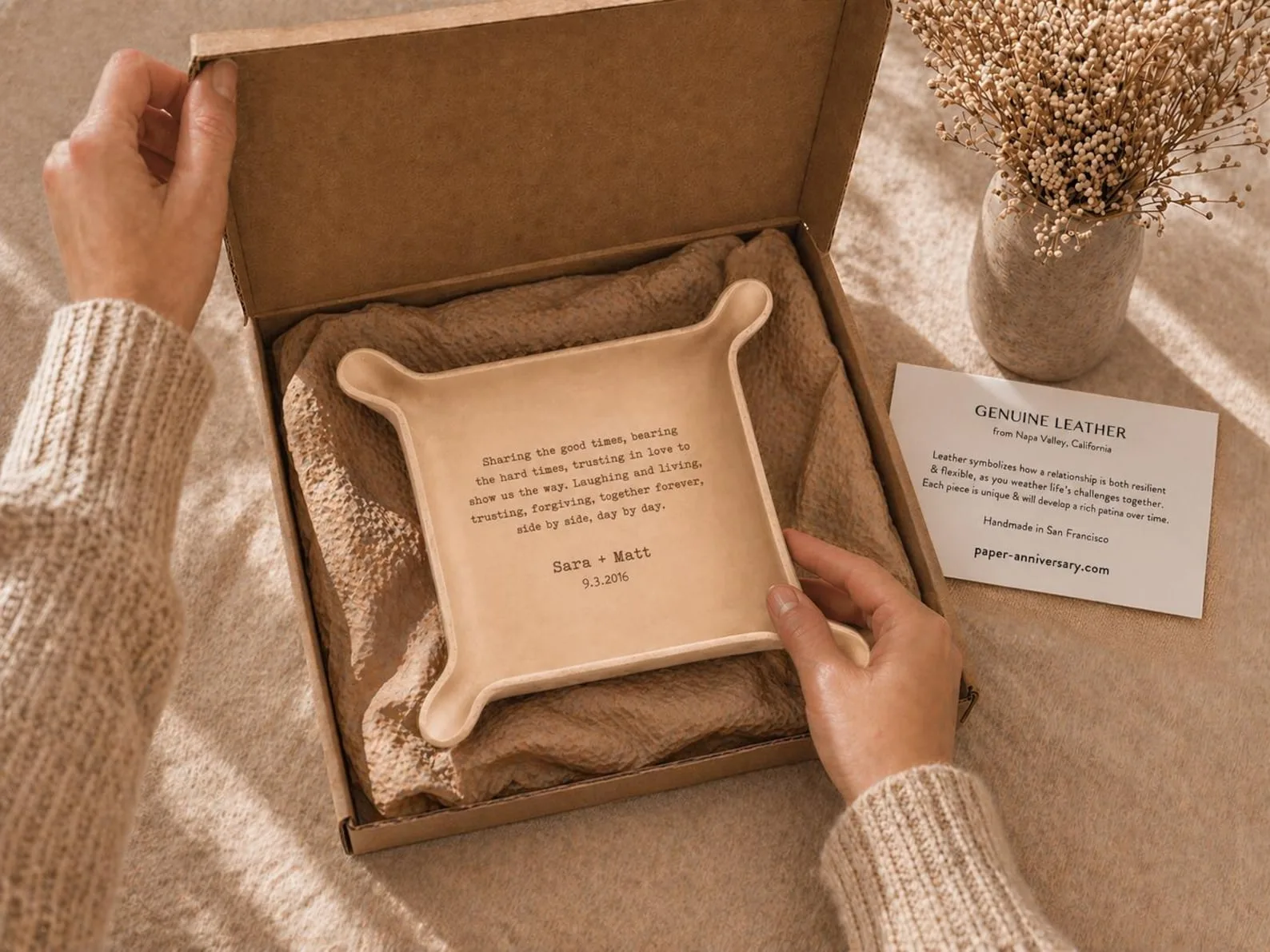 Exact Etsy listing image of Personalized Leather Keepsake Tray
