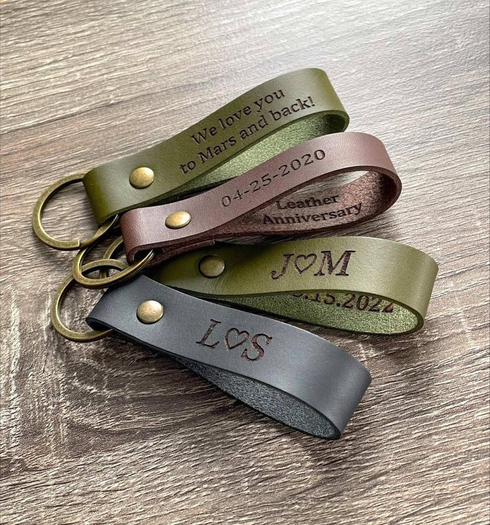 Exact Etsy listing image of Personalized Leather Anniversary Keychains
