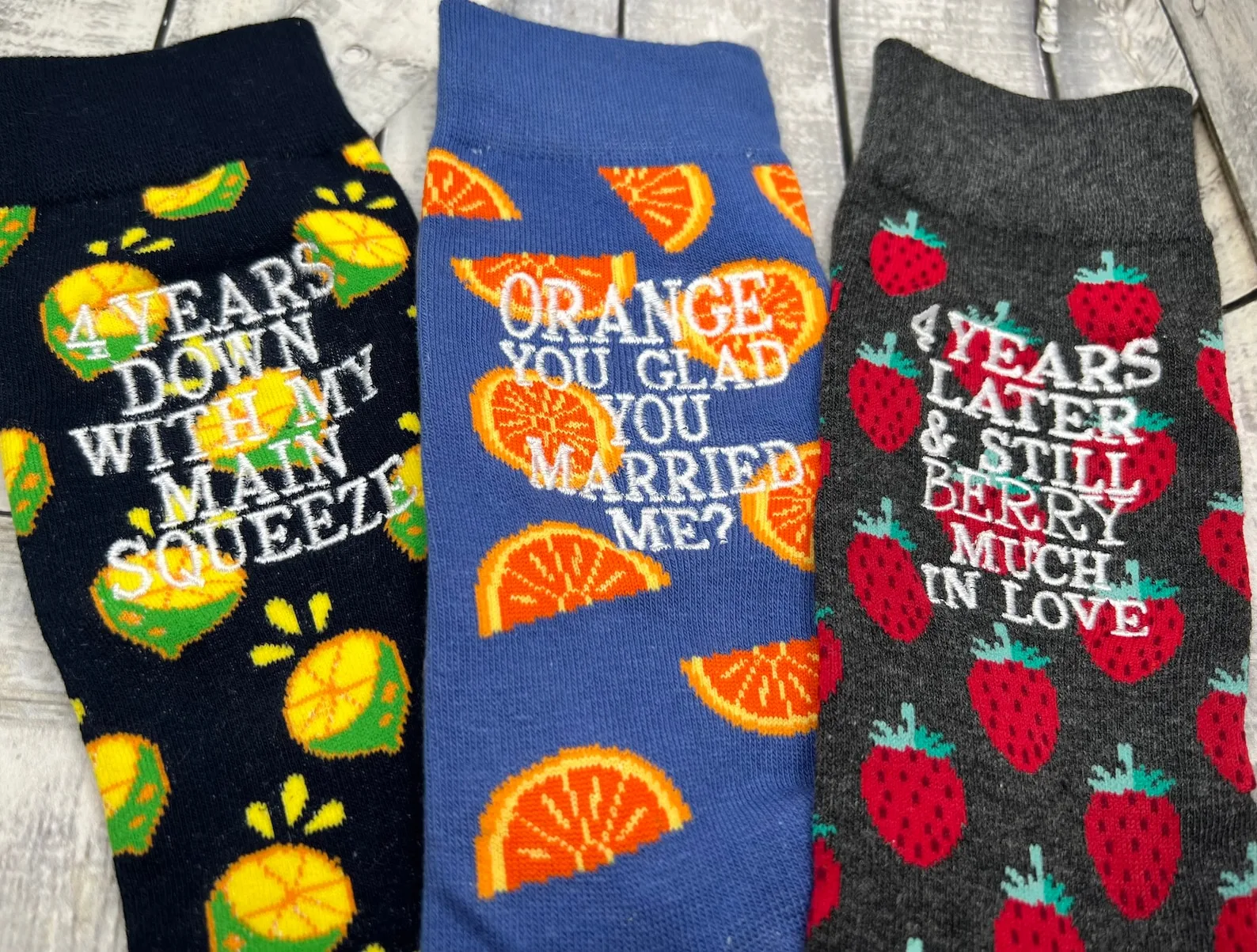 Exact Etsy listing image of Personalized Fruit Anniversary Socks
