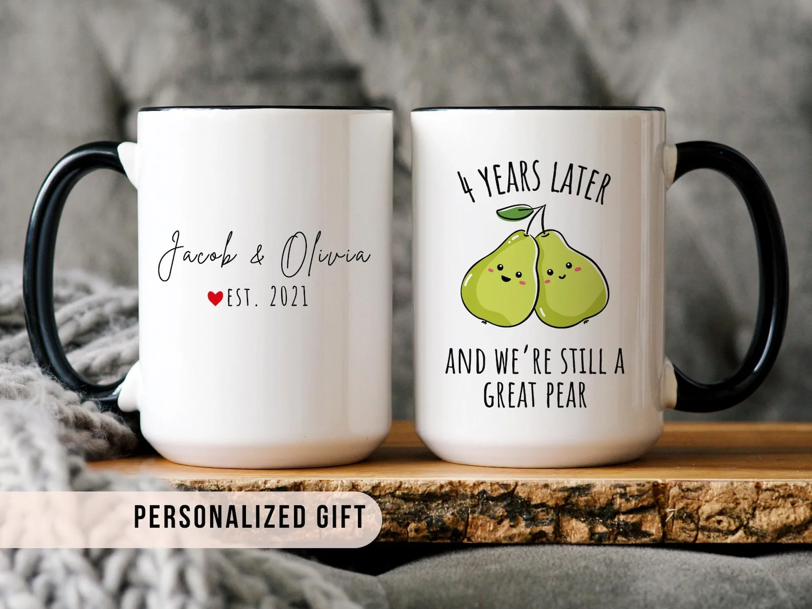 Exact Etsy listing image of Personalized Fourth-Anniversary Pear Mugs
