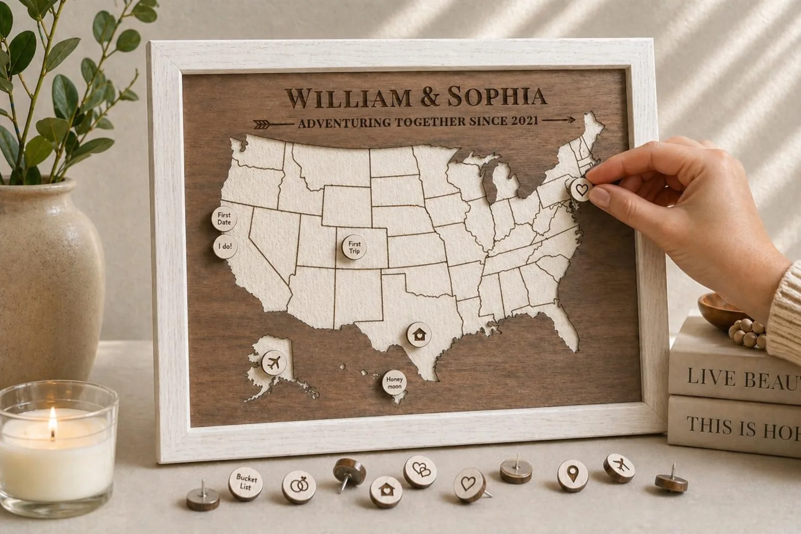 Exact Etsy listing image of Wood Map with Personalized Milestone Pins