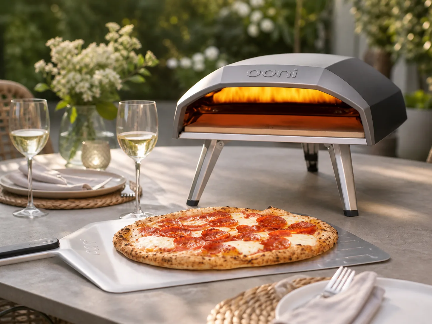 The exact Ooni Koda 12 gas pizza oven in an outdoor entertaining setting