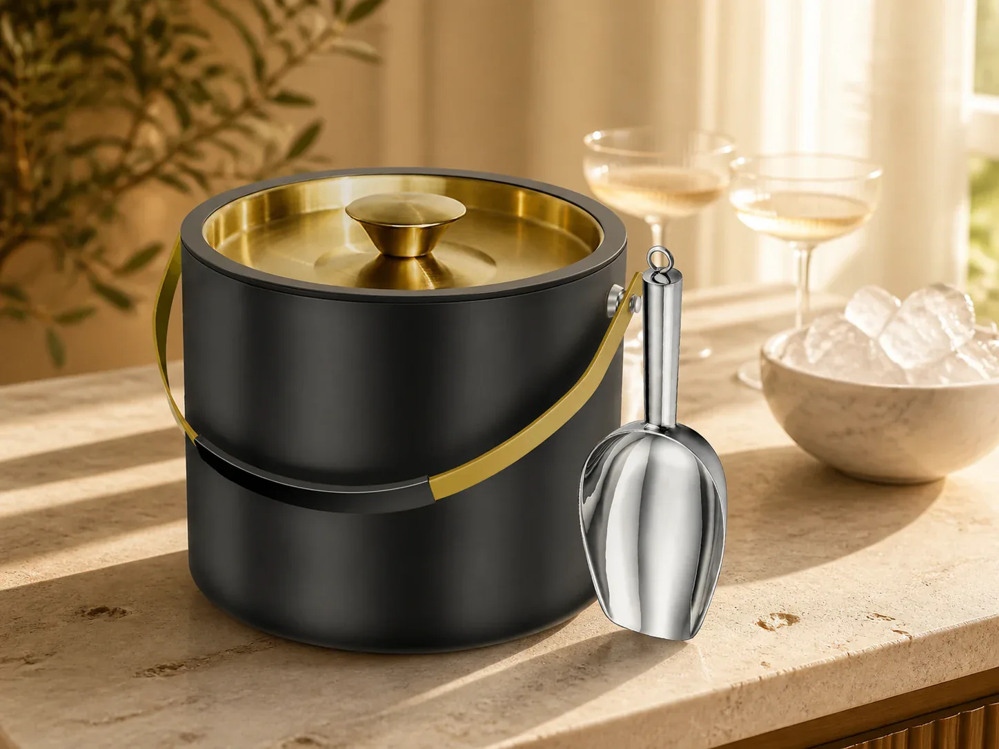 Black insulated ice bucket with gold lid, handle, and stainless steel scoop