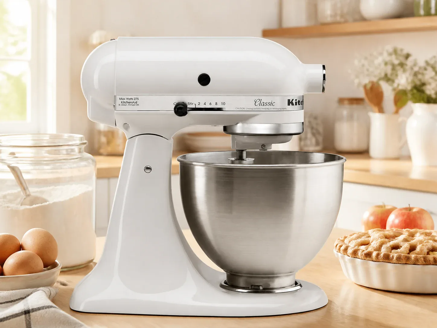 White KitchenAid Classic tilt-head stand mixer with stainless steel bowl