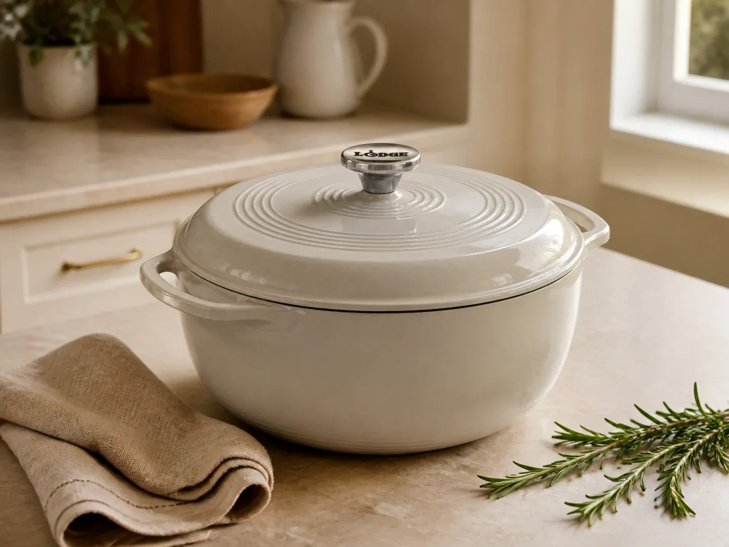 Oyster white Lodge enameled cast iron Dutch oven with lid