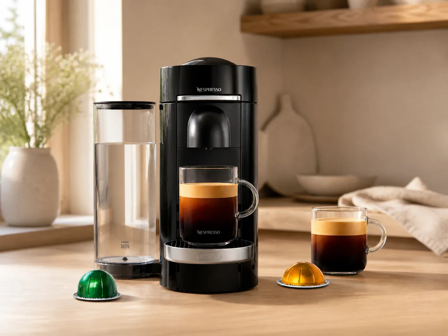 Black Nespresso VertuoPlus Deluxe coffee maker with espresso and coffee cups