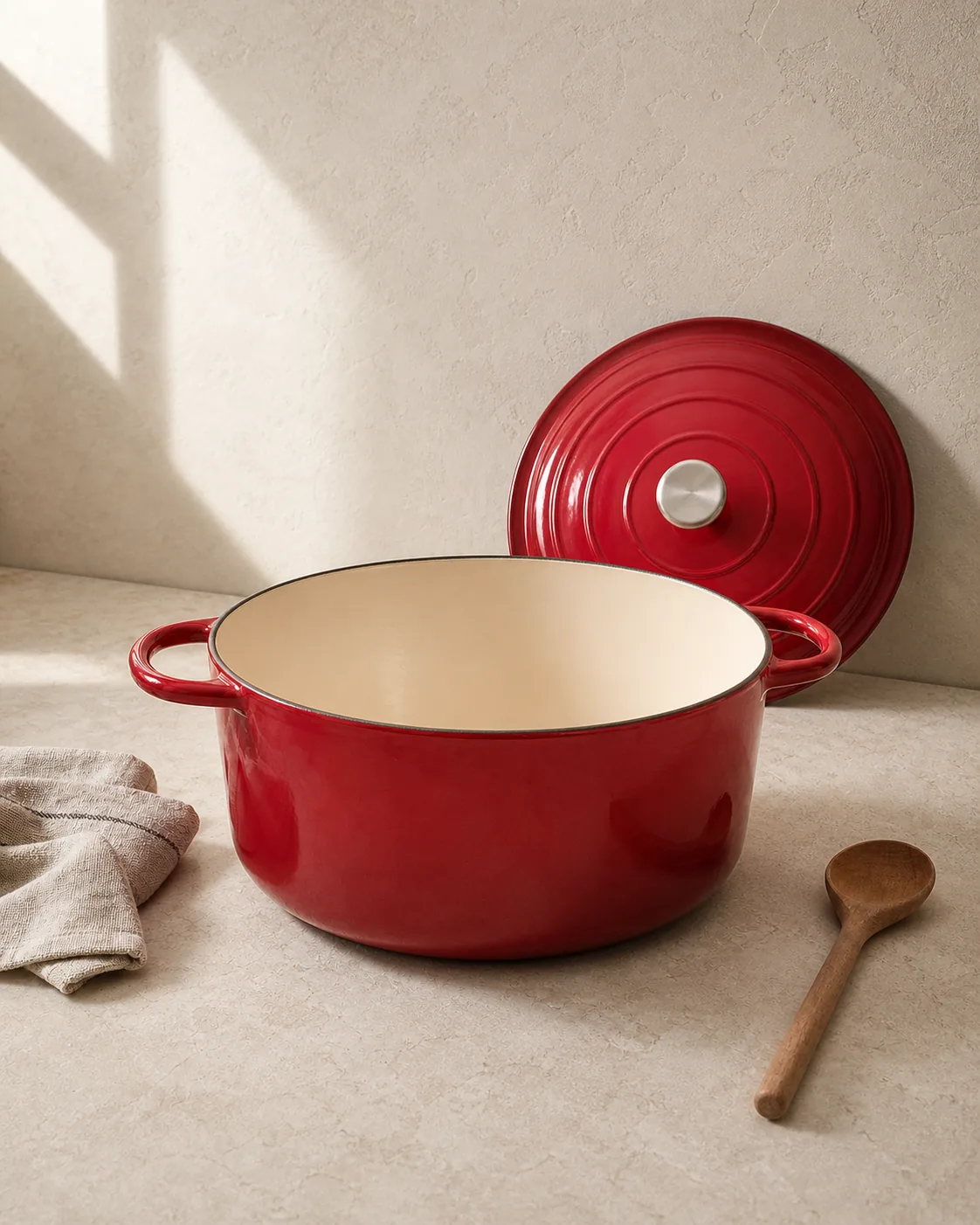 Representative product-led scene of a red enameled cast-iron Dutch oven with its lid