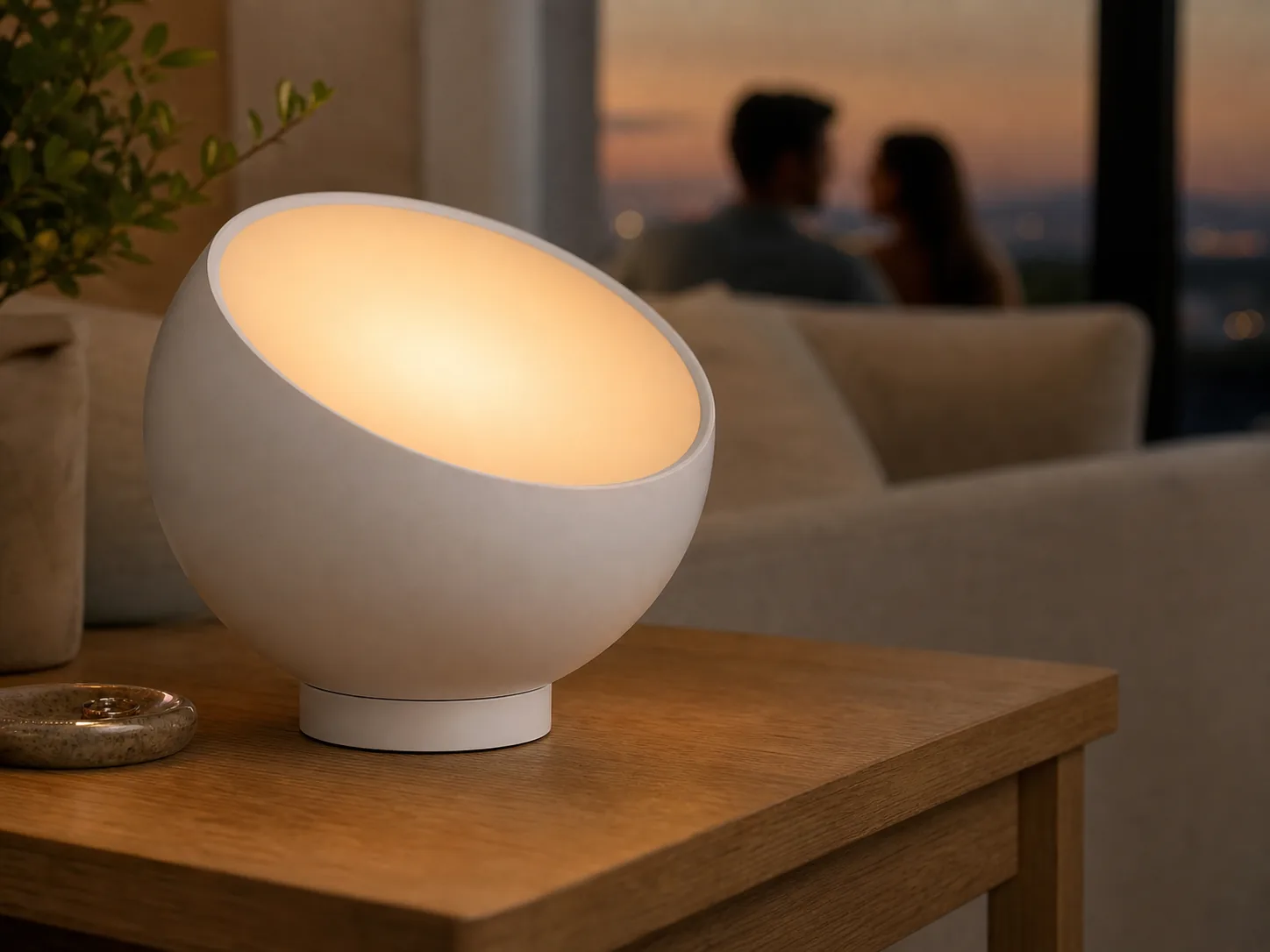 Representative product-led scene of a white bowl-shaped portable lamp glowing beside a couple