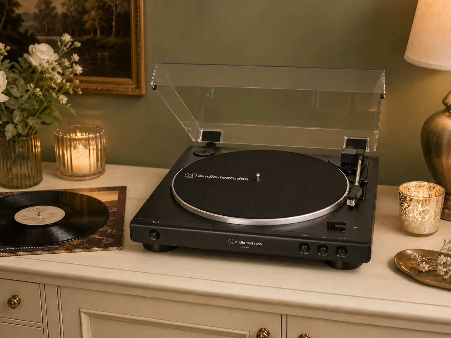 Wireless turntable playing a record in a warm shared living room