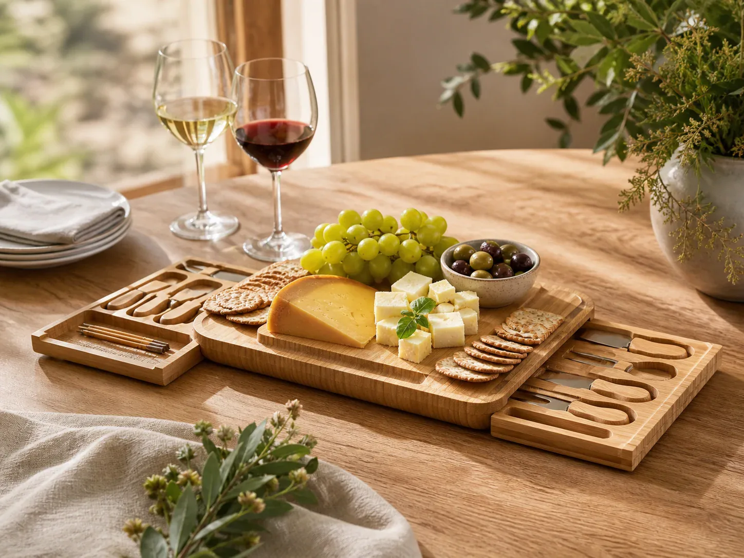 Bamboo charcuterie board gift set with cheese tools and serving compartments