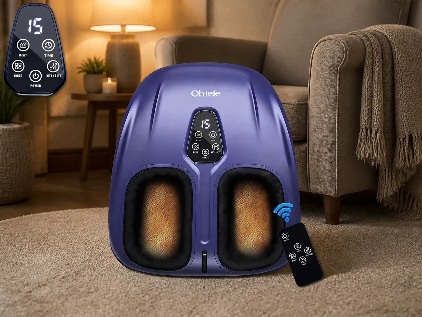 Purple shiatsu foot massager with heat controls and a wireless remote