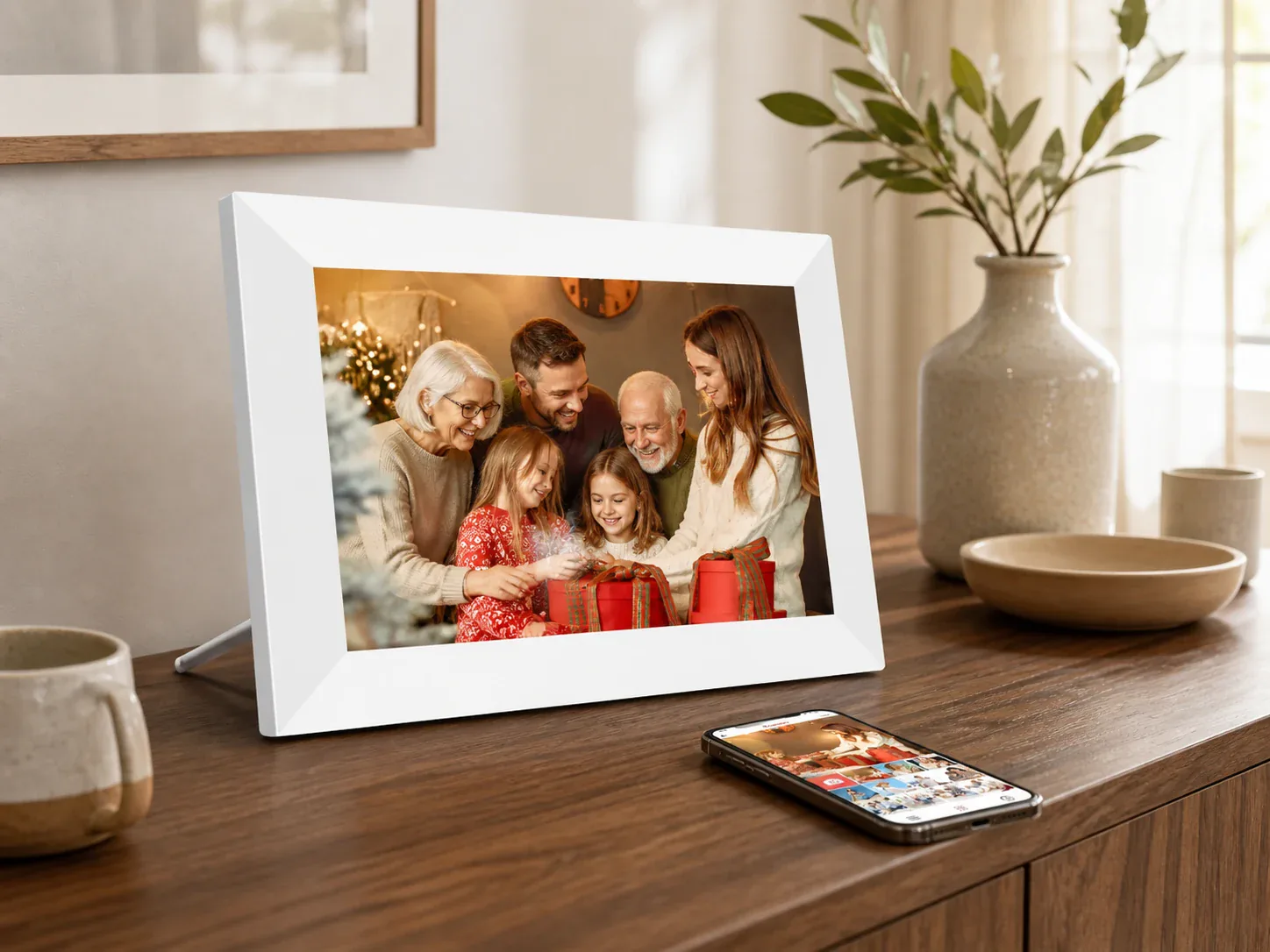 White WiFi digital picture frame displaying a family photo beside a phone