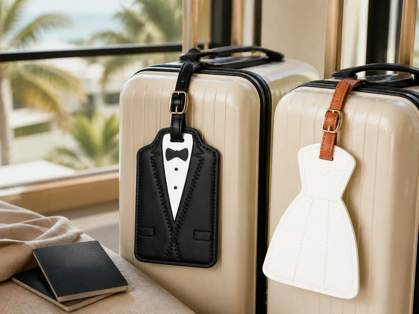 Black groom suit and white bride dress luggage tags with brown straps