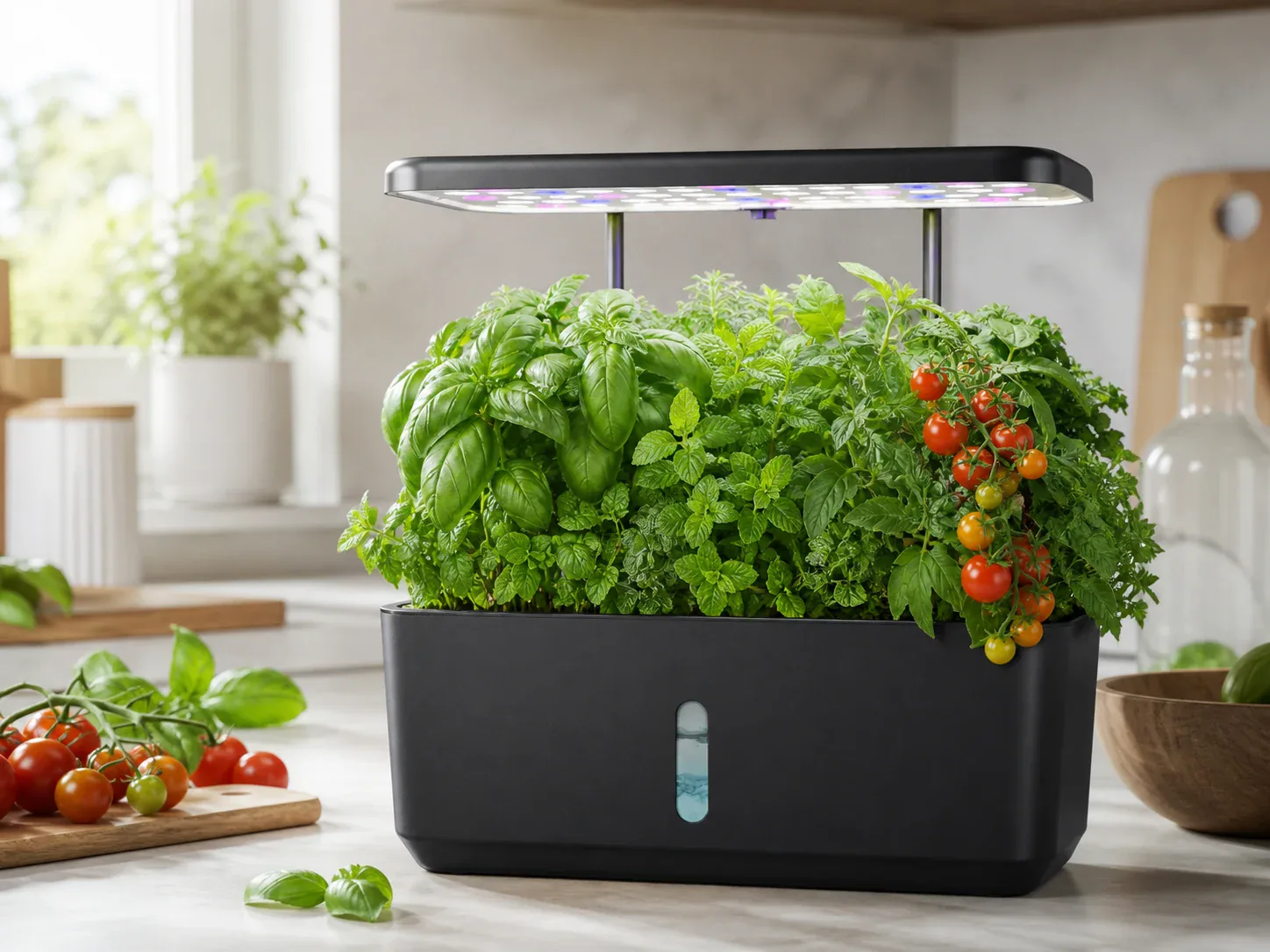 Countertop hydroponic garden growing herbs and tomatoes under an LED light