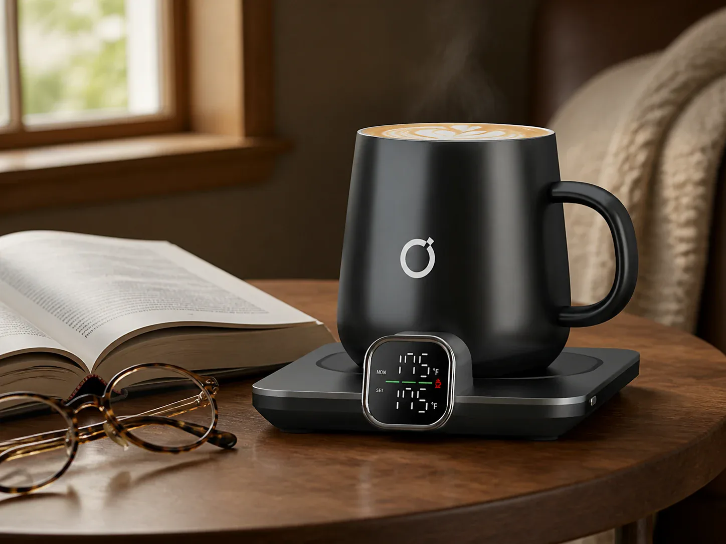 Black iKago ceramic mug on a digital precision warming base