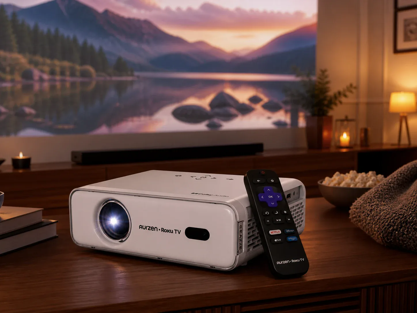White Aurzen smart portable projector with Roku remote and streaming service screen