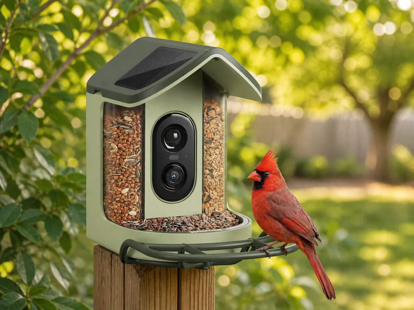 Solar smart bird feeder with built-in camera, app preview, and a cardinal