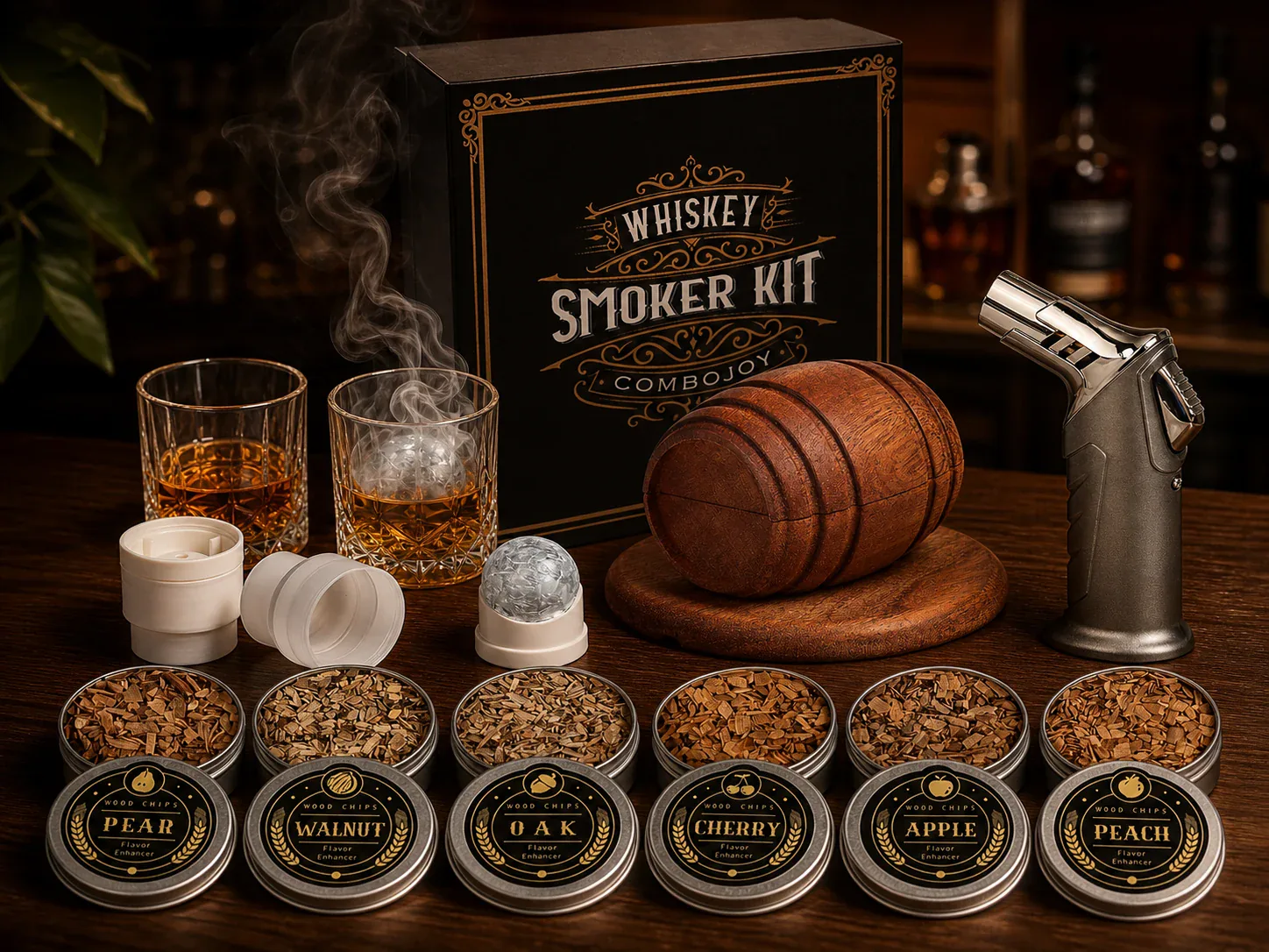 Whiskey smoker kit with torch, two glasses, wood chips, and presentation box