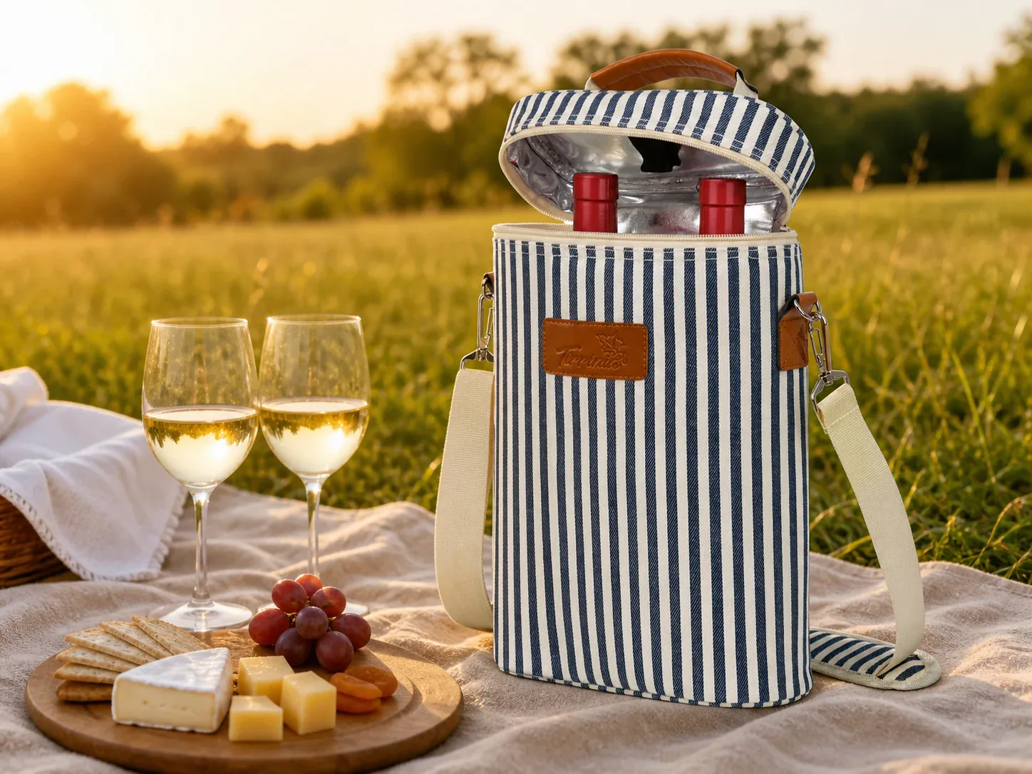 Striped insulated two-bottle wine tote with shoulder strap
