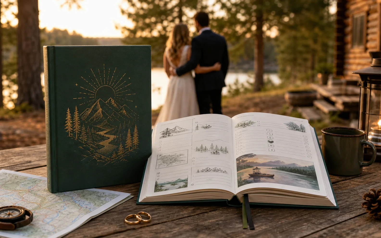 Representative product-led scene of a guided couple’s adventure journal open beside a map at a wooded cabin