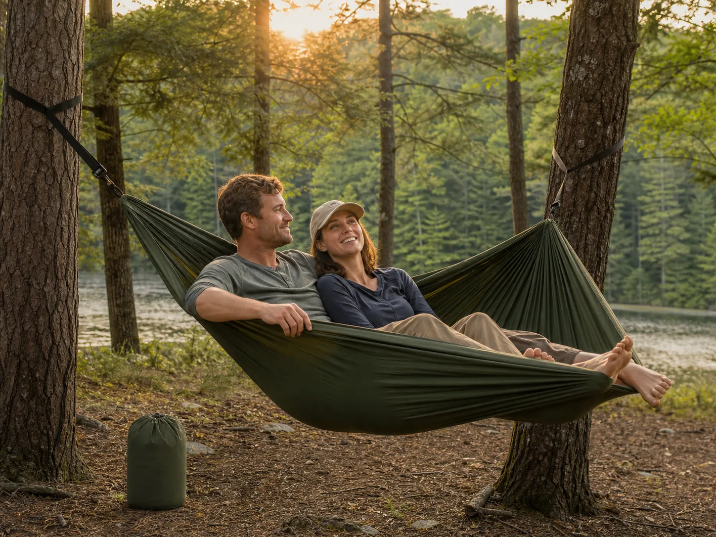 Representative scene of a couple relaxing together in a wide two-person camping hammock