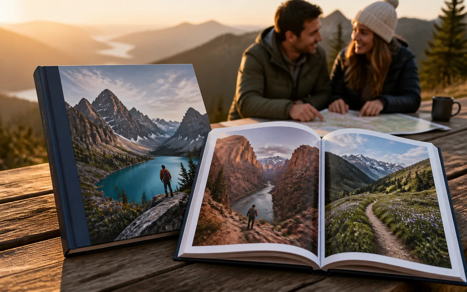 Representative product-led scene of a large scenic hiking inspiration book open at a mountain overlook while a couple plans a trip