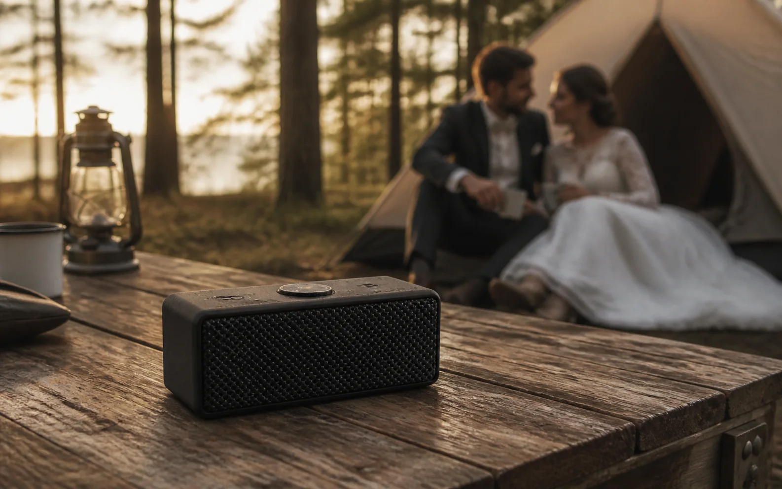 Representative product-led scene of a compact black portable Bluetooth speaker on a camp table beside a newlywed couple