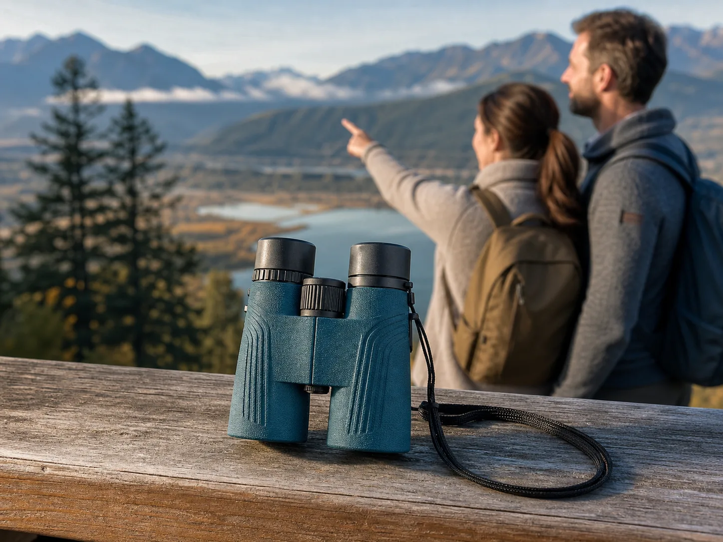 Representative scene of compact textured binoculars on an overlook railing while a couple watches the landscape