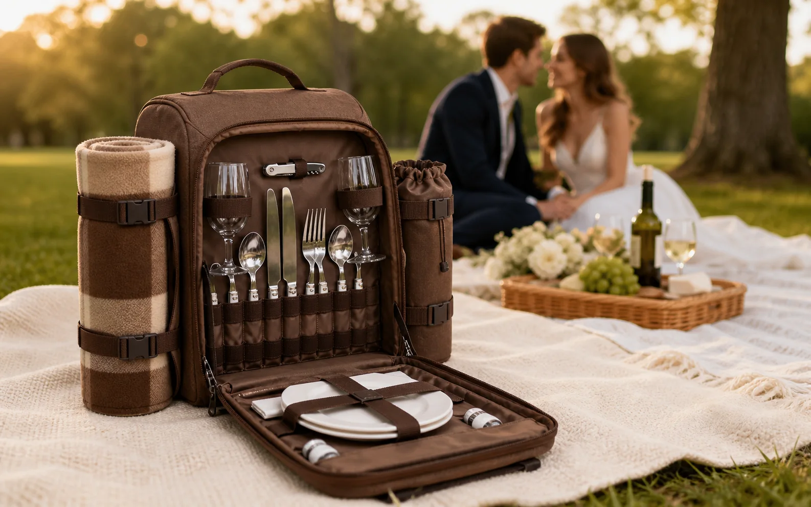 Representative product-led scene of a brown two-person picnic backpack opened to show its plates, cutlery, glasses, blanket, and wine holder