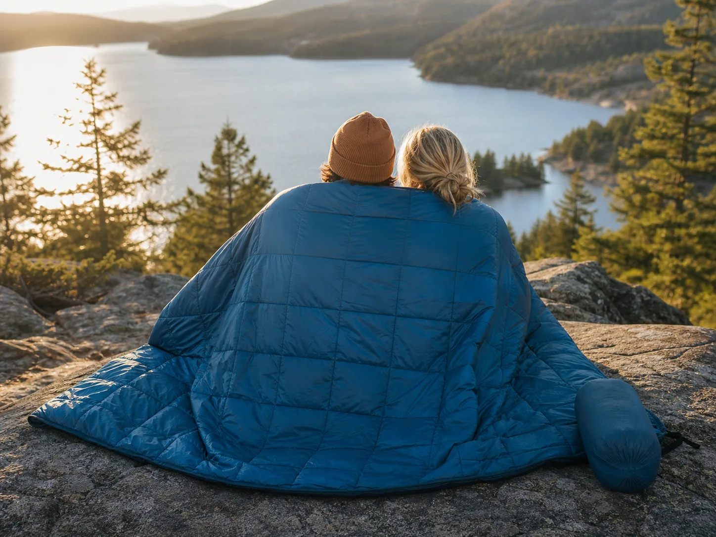 Couple sharing an outdoor blanket beside a campfire
