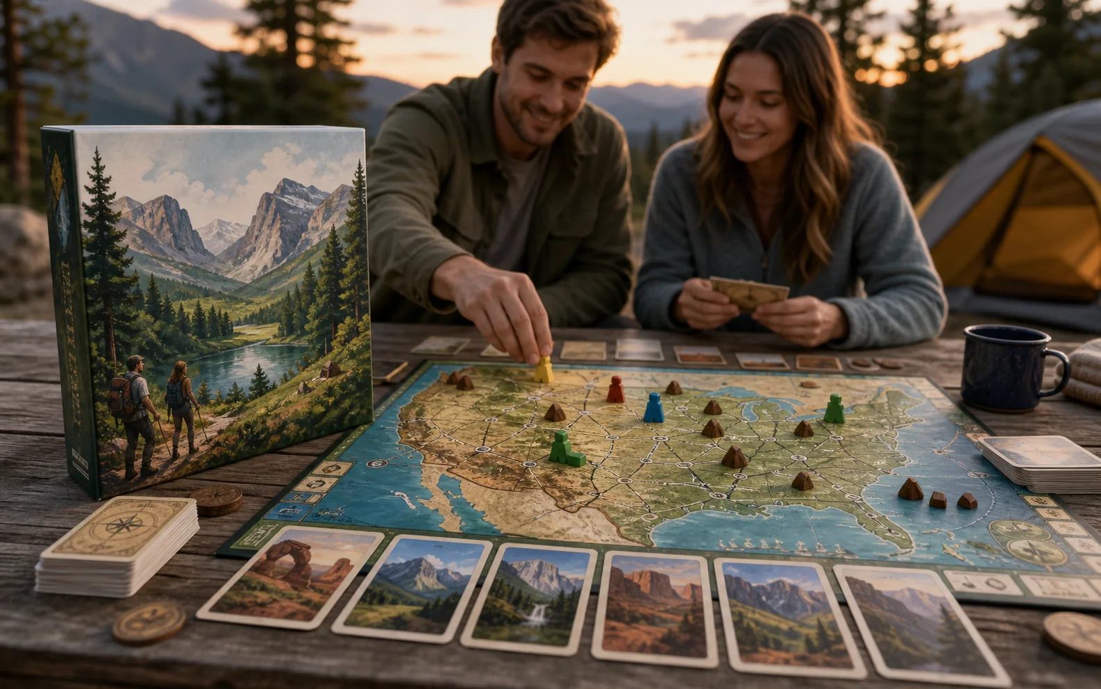 Representative product-led scene of a national-parks travel board game with map board, cards, wooden markers, and two people playing at camp