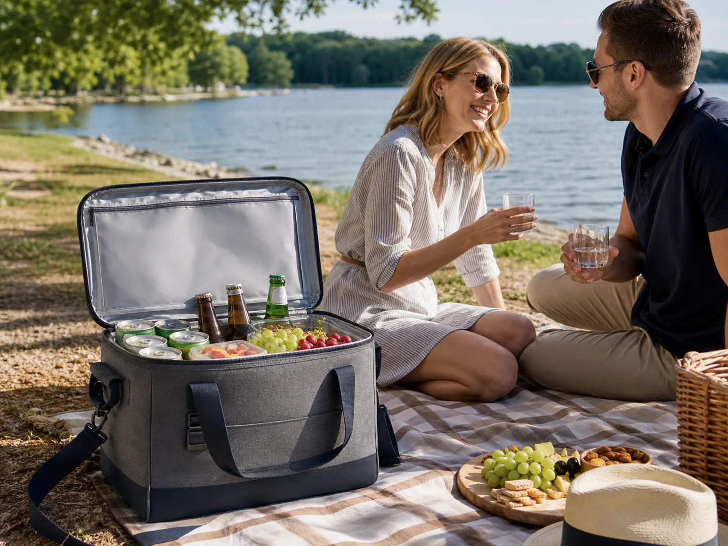 Representative scene of a compact structured soft cooler open beside a couple’s lakeside picnic