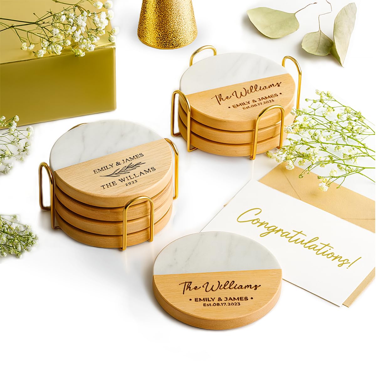 Round engraved wooden coasters personalized with a couple's family name