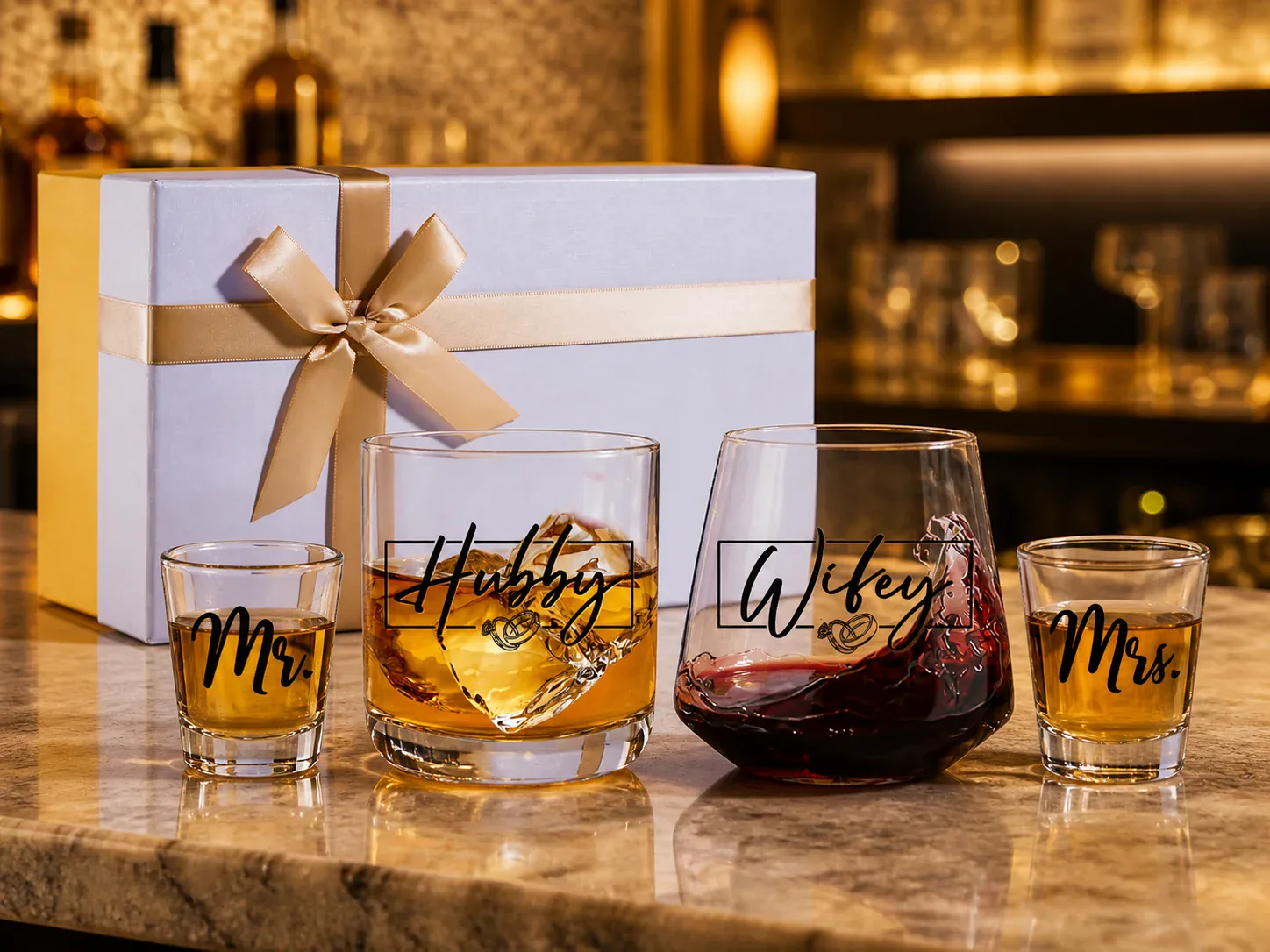 Gift box with His and Hers whiskey and wine glasses plus two shot glasses
