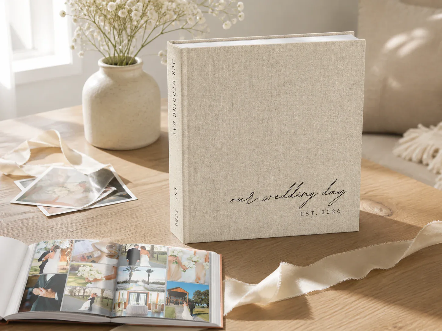 Neutral linen wedding photo album personalized with script names and a date