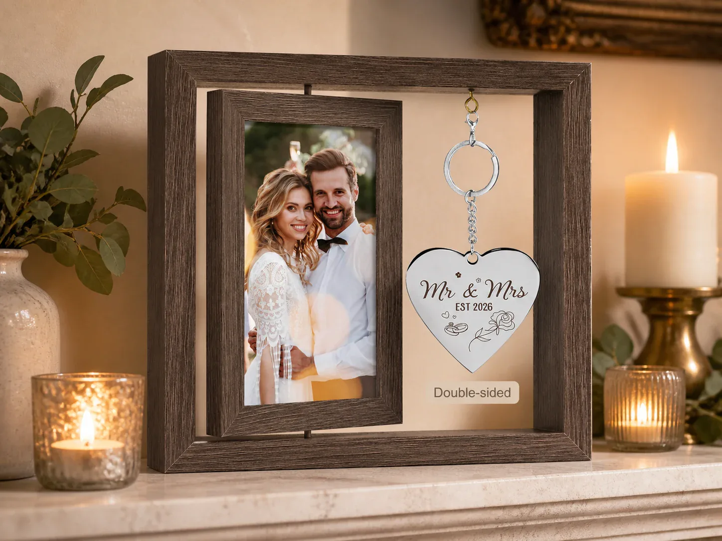 Wood-look Mr and Mrs wedding photo frame with a keepsake charm