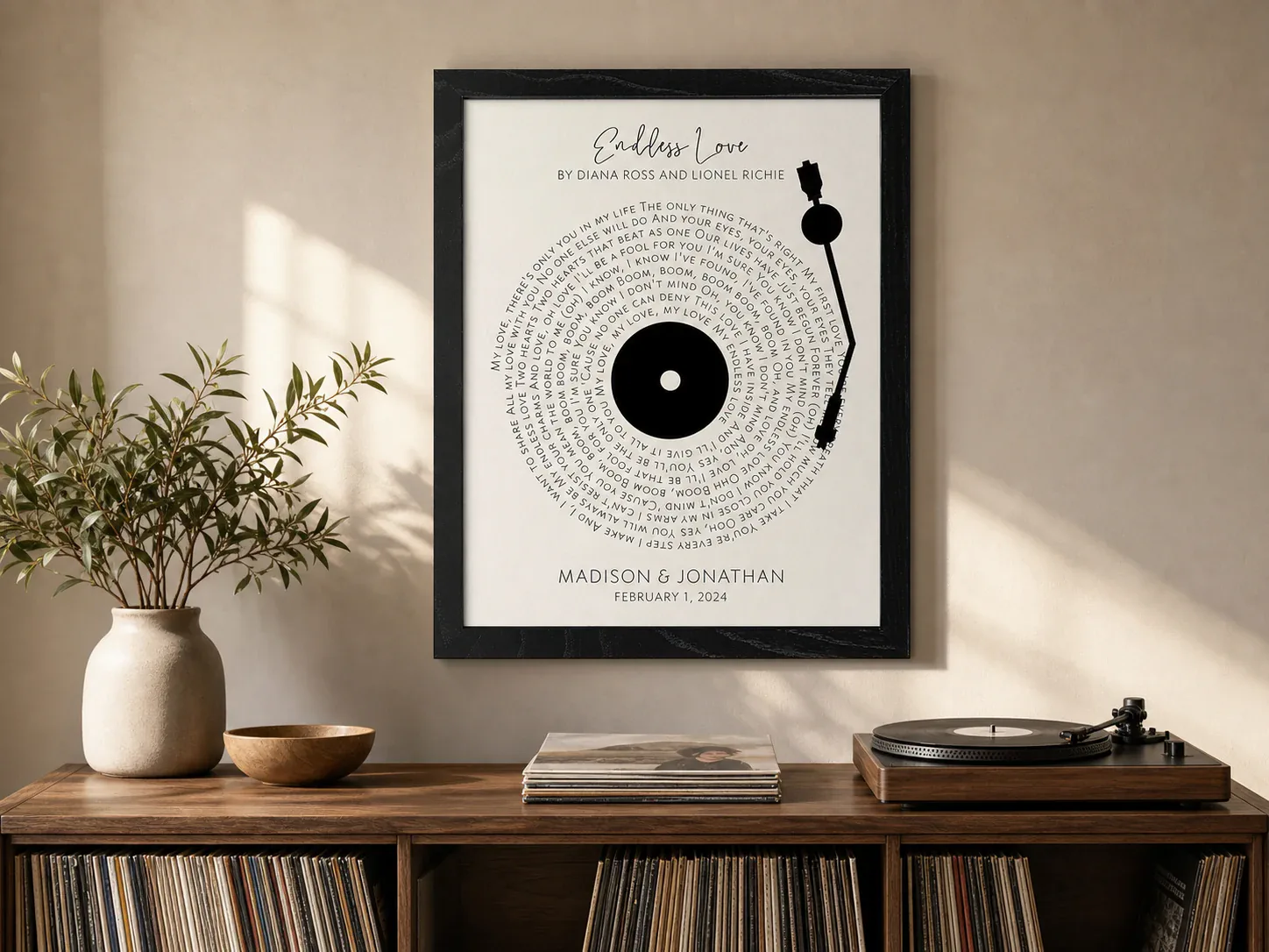 Framed custom song lyric print designed like a vinyl record and turntable arm