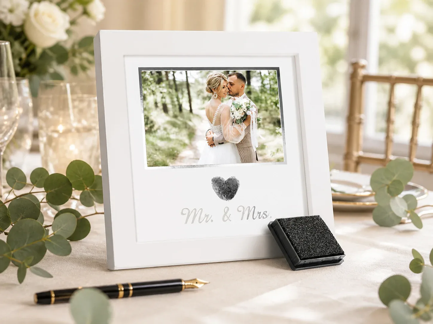 White wedding photo frame with a heart-shaped thumbprint space and black ink pad