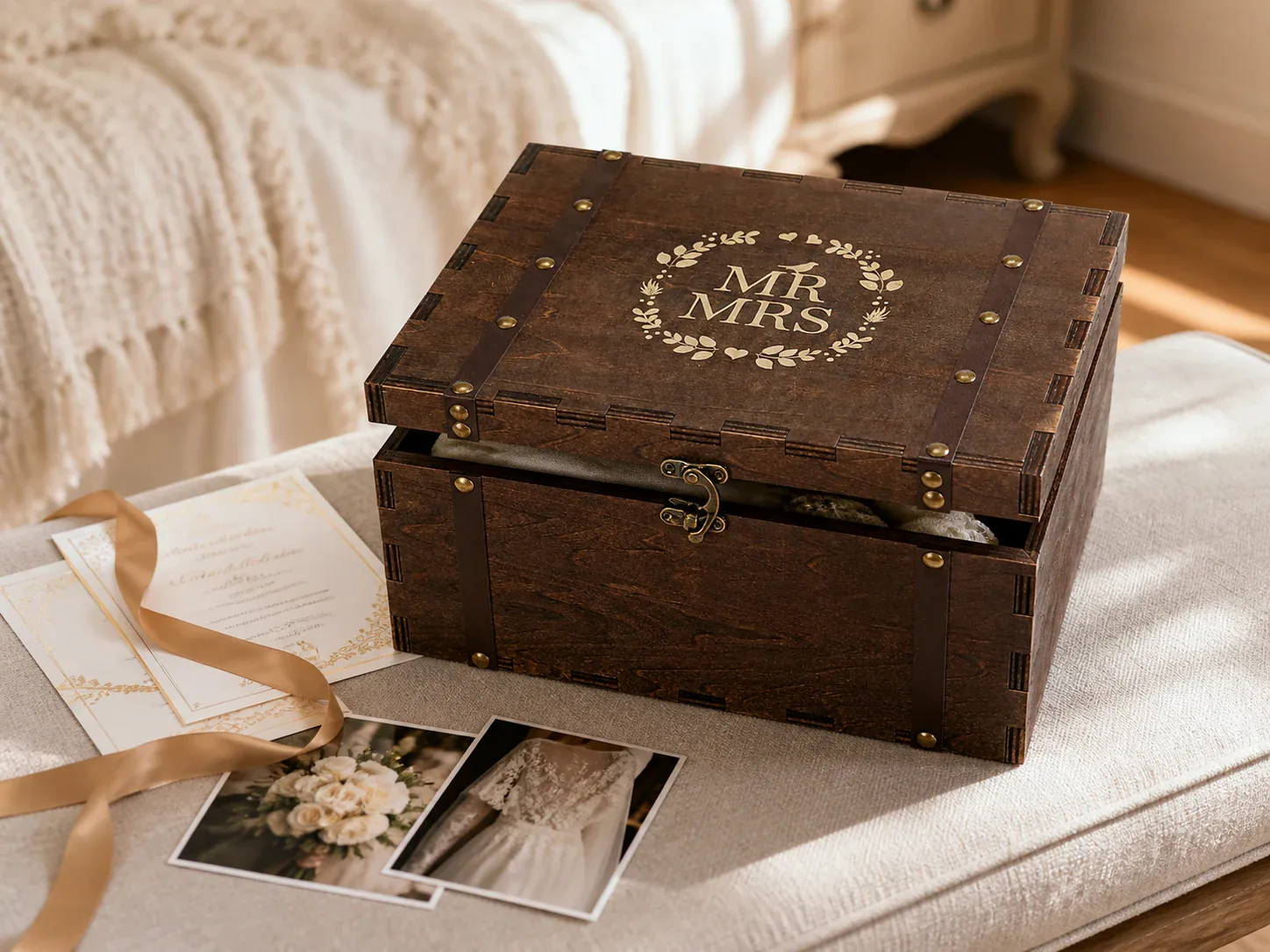 Dark wood wedding memory box personalized with a couple's initials and names