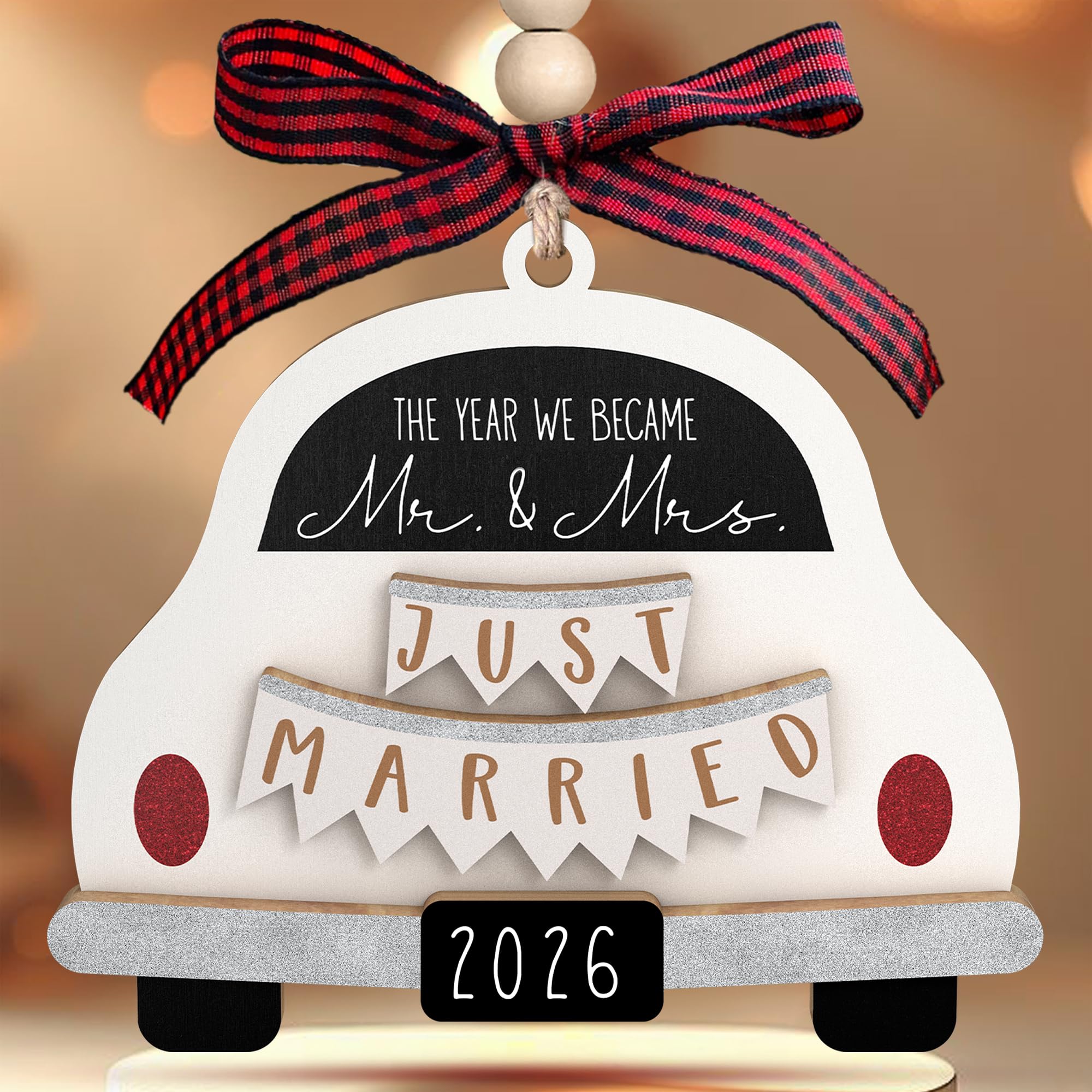 Wooden just married car ornament with Mr and Mrs and 2026 lettering