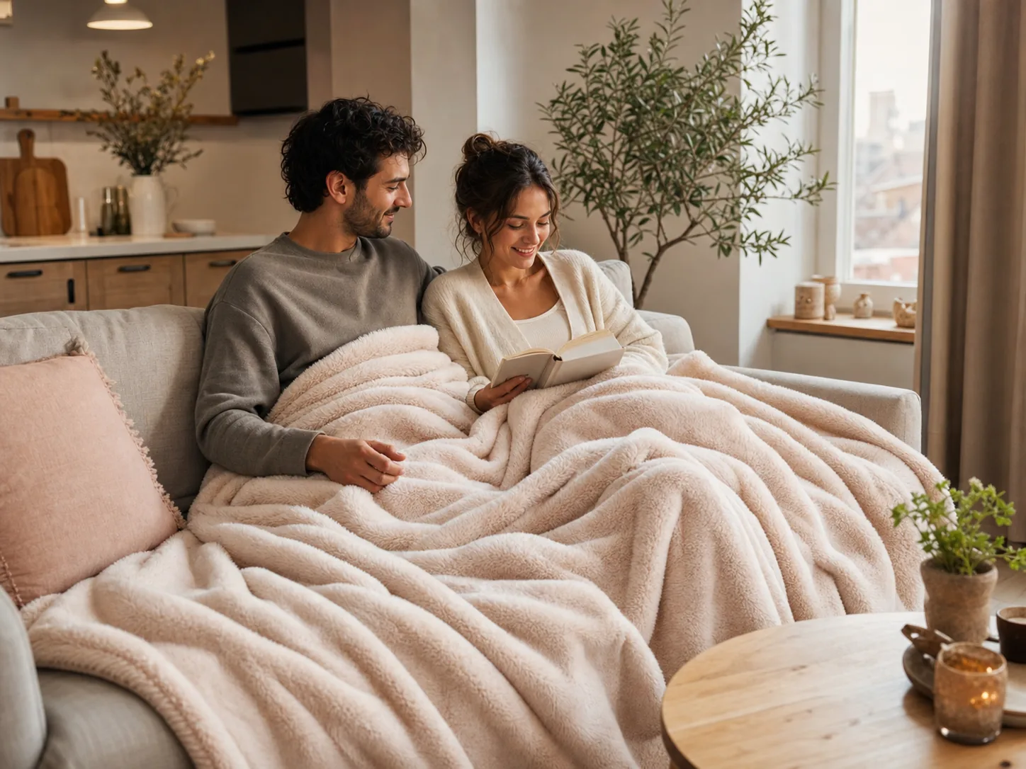 Representative scene of a newlywed couple sharing a plush neutral throw on a small apartment sofa
