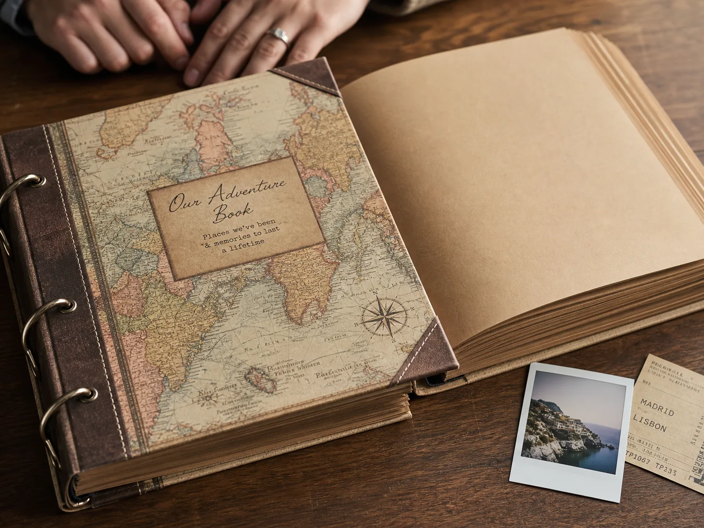 Representative product-led scene of a map-cover travel scrapbook open beside a photo and ticket