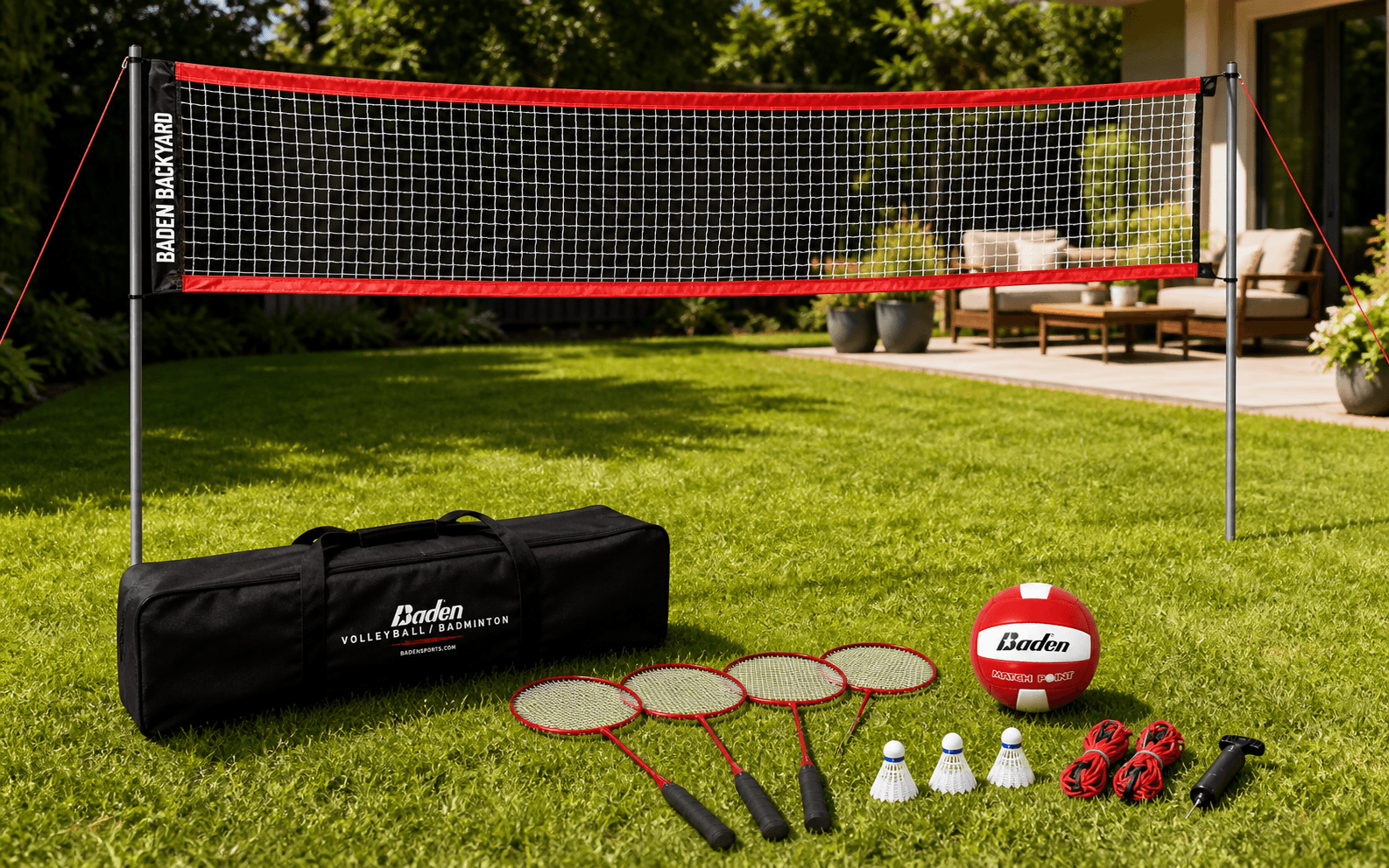 Baden Champions volleyball and badminton set installed in a backyard with its bag, four racquets, three shuttlecocks, ball, ropes, and pump