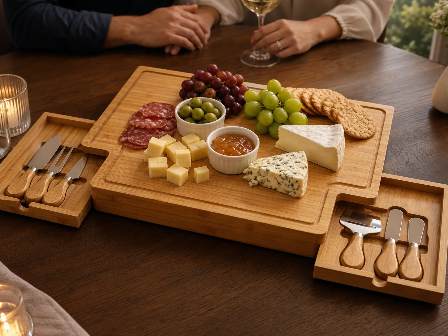 Representative product-led scene of a bamboo charcuterie board with open serving-tool drawers