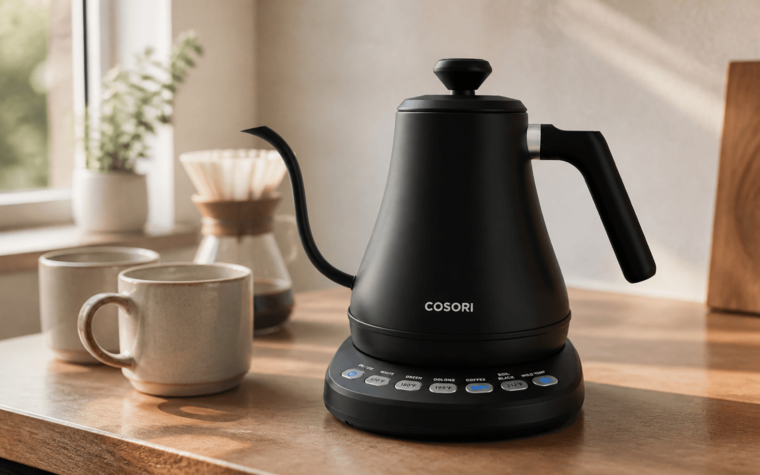 Black Cosori gooseneck electric kettle and temperature-control base in a shared coffee corner